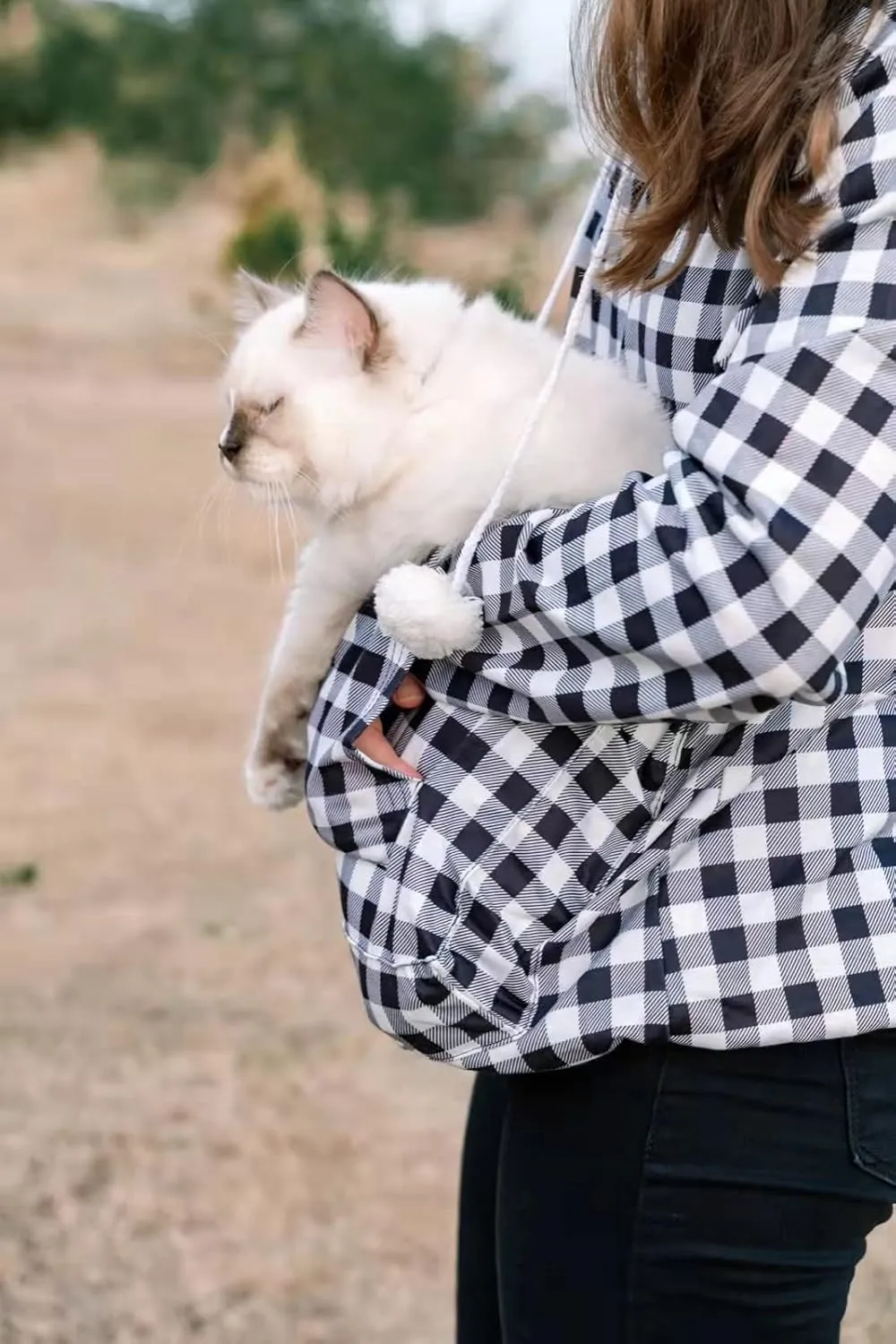 Pet Pouch Hoodie - Cat Dog Holder Sweatshirt Large Pocket Carrier Pullover Tops for Women (Black White, Small)
