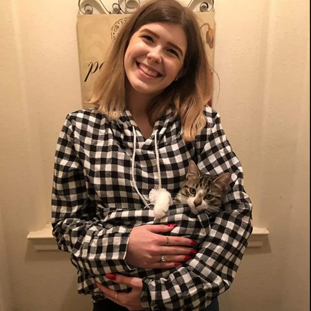 Pet Pouch Hoodie - Cat Dog Holder Sweatshirt Large Pocket Carrier Pullover Tops for Women (Black White, Small)