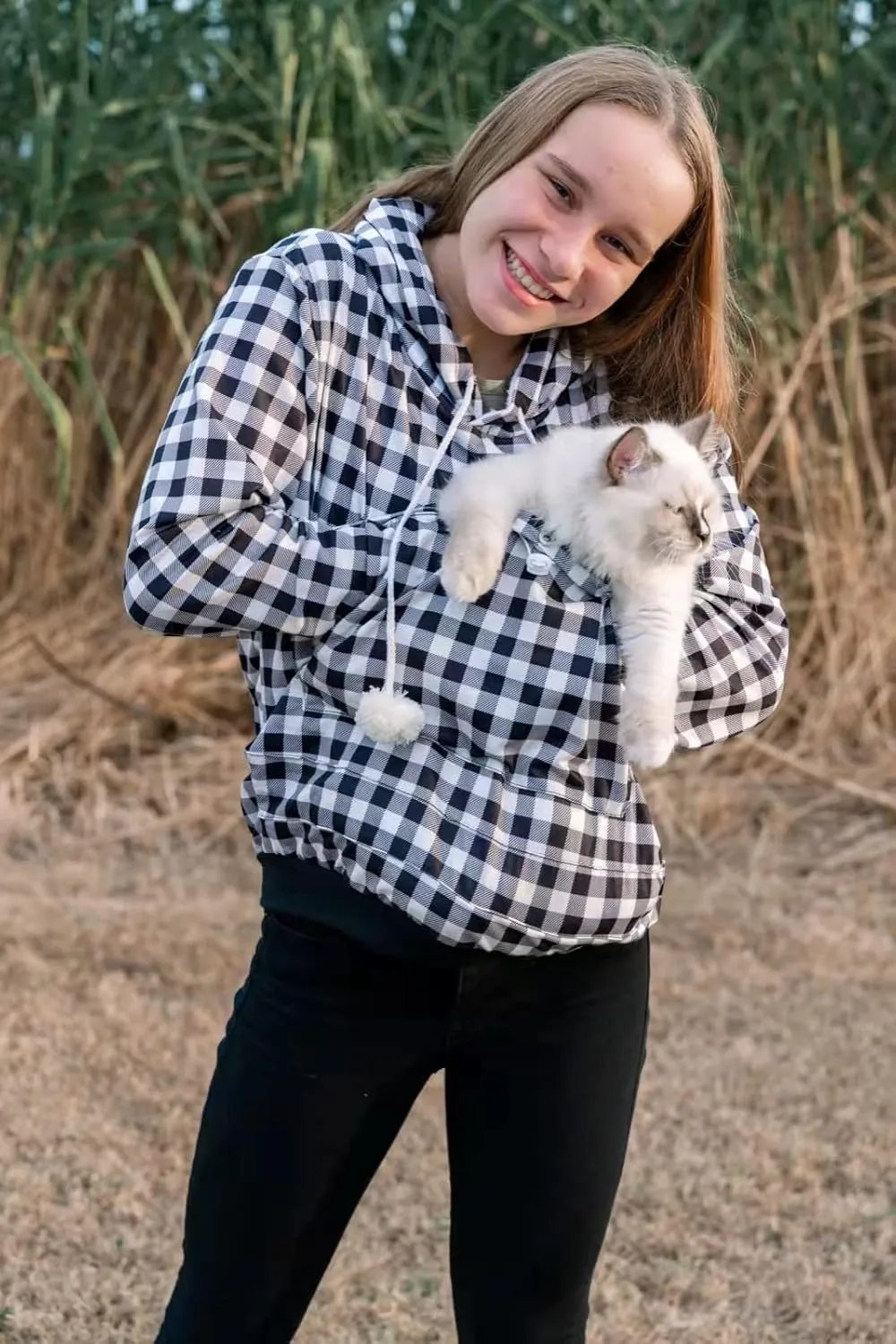 Pet Pouch Hoodie - Cat Dog Holder Sweatshirt Large Pocket Carrier Pullover Tops for Women (Black White, Small)
