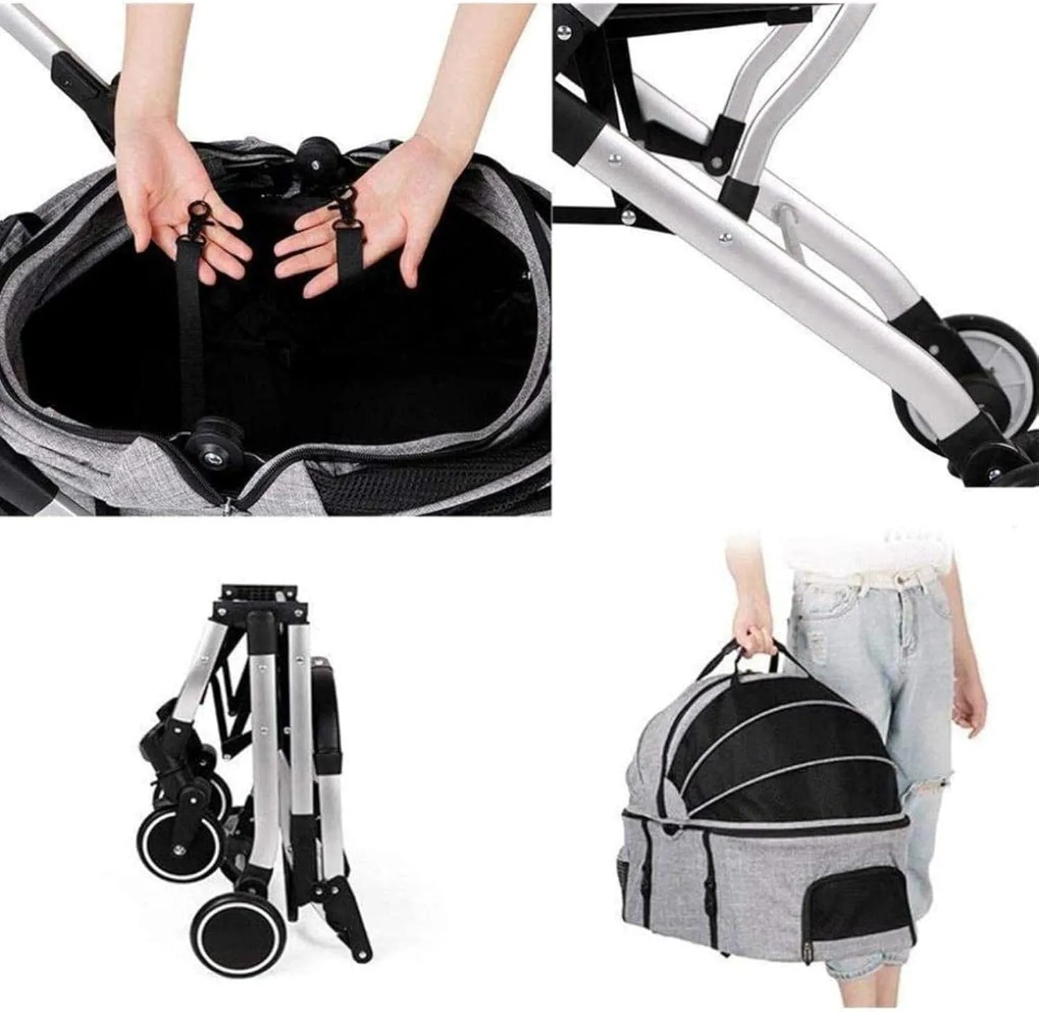 Pet Travel Stroller Large Cat Dog Cart Travel Supplies Foldable 4 Wheels Trolley Carrier Pram with 2 Front Swivel Wheels (Black) (Grey)