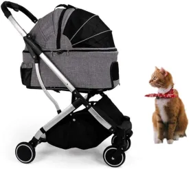 Pet Travel Stroller Large Cat Dog Cart Travel Supplies Foldable 4 Wheels Trolley Carrier Pram with 2 Front Swivel Wheels (Black) (Grey)