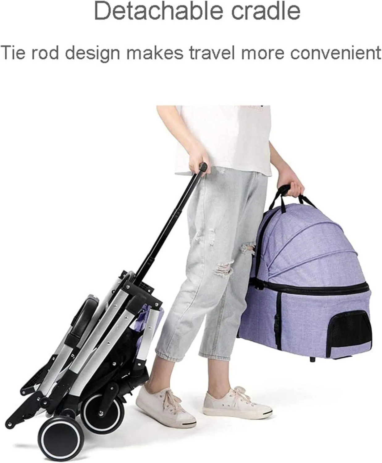 Pet Travel Stroller Large Cat Dog Cart Travel Supplies Foldable 4 Wheels Trolley Carrier Pram with 2 Front Swivel Wheels (Grey)