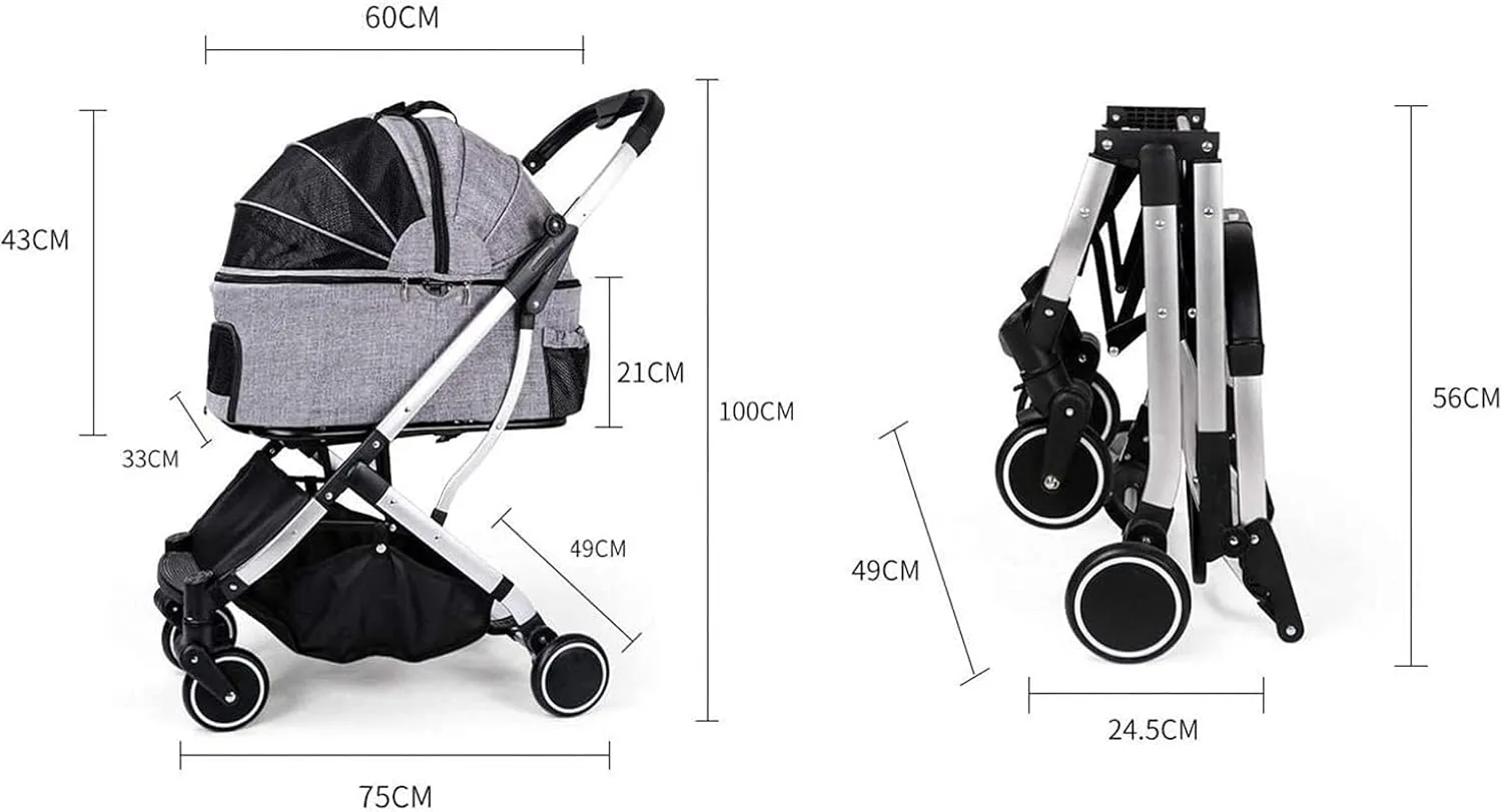 Pet Travel Stroller Large Cat Dog Cart Travel Supplies Foldable 4 Wheels Trolley Carrier Pram with 2 Front Swivel Wheels (Grey)