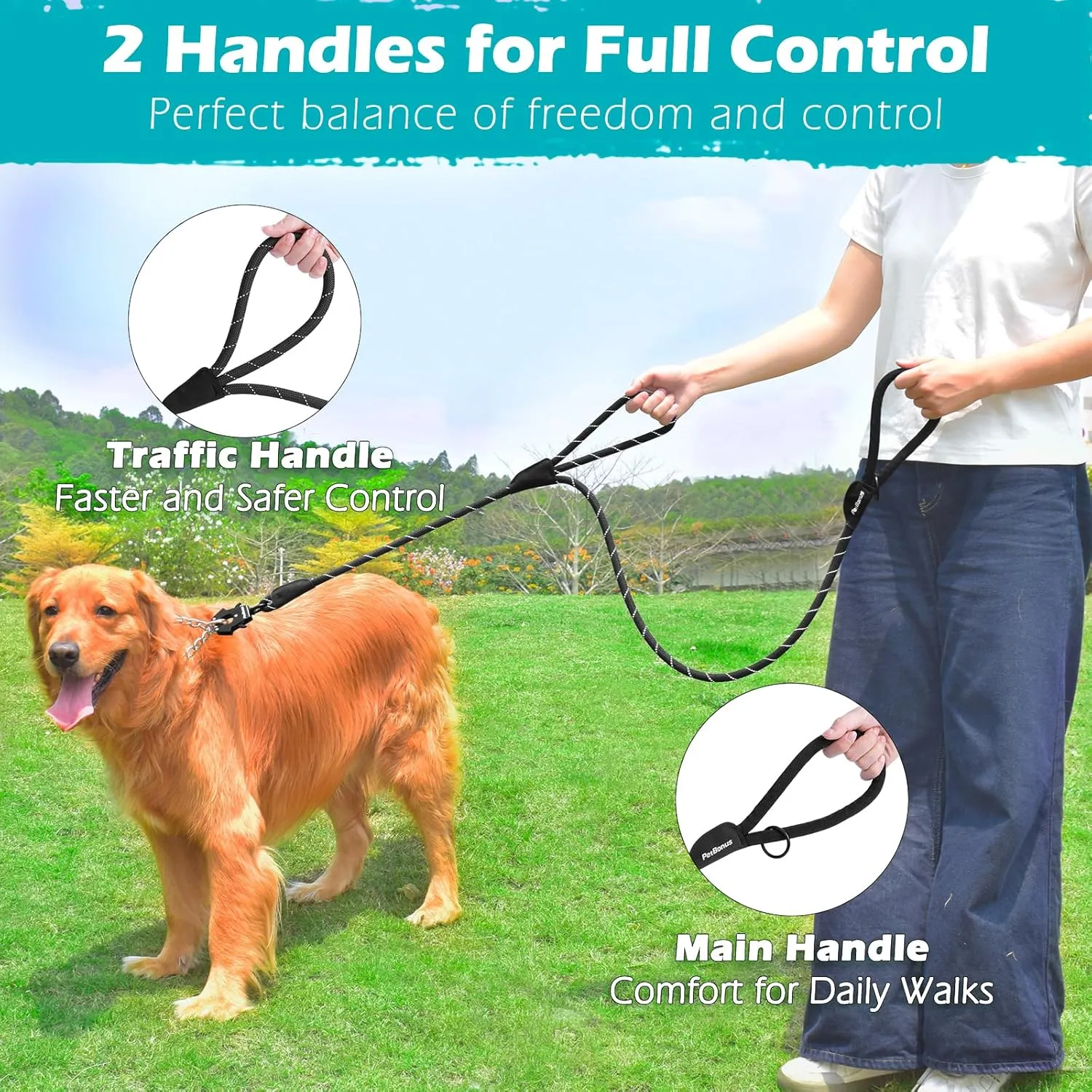 PetBonus Two Handles Dog Leash, 5FT Heavy Duty Pet Rope Leash with Quick Release Metal Clip, Comfortable Durable Traffic Handle, Reflective Training Lead for Medium Large Dogs (Black)