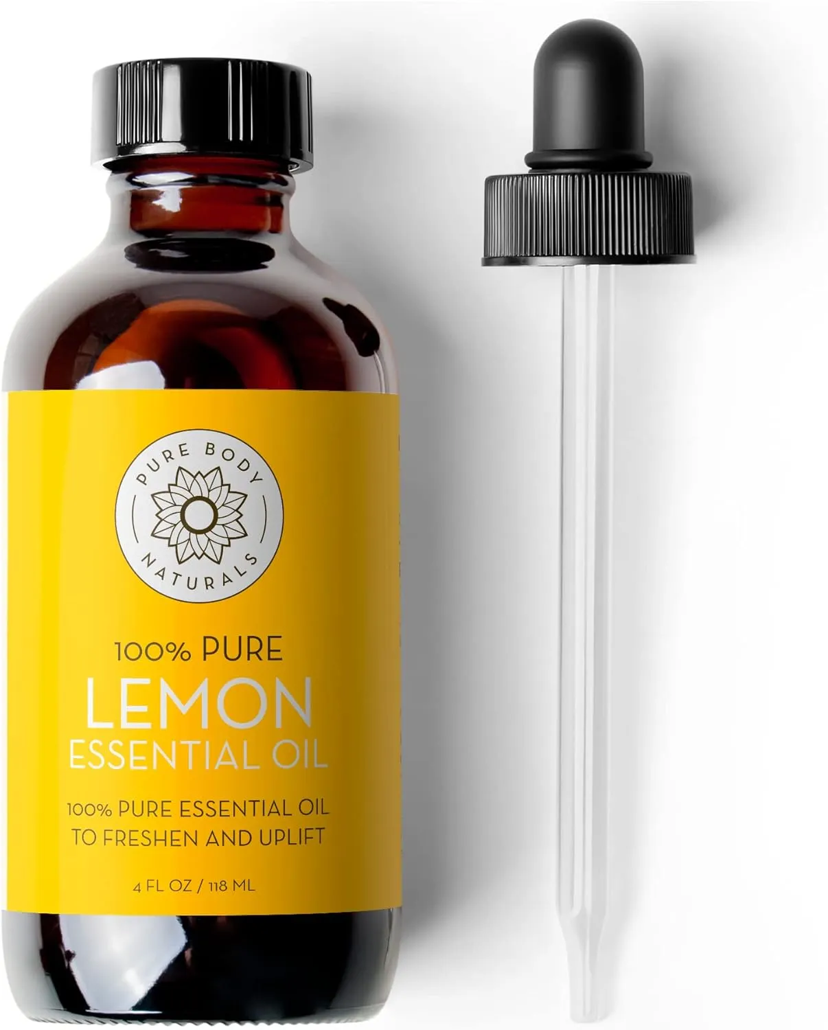 Pure Body Naturals Lemon Essential Oil, 4 fl oz - 100% Pure & Undiluted Lemon Oil for Diffuser and DIY - Natural Deodorizer, Laundry Freshener, Household Cleaner and Degreaser