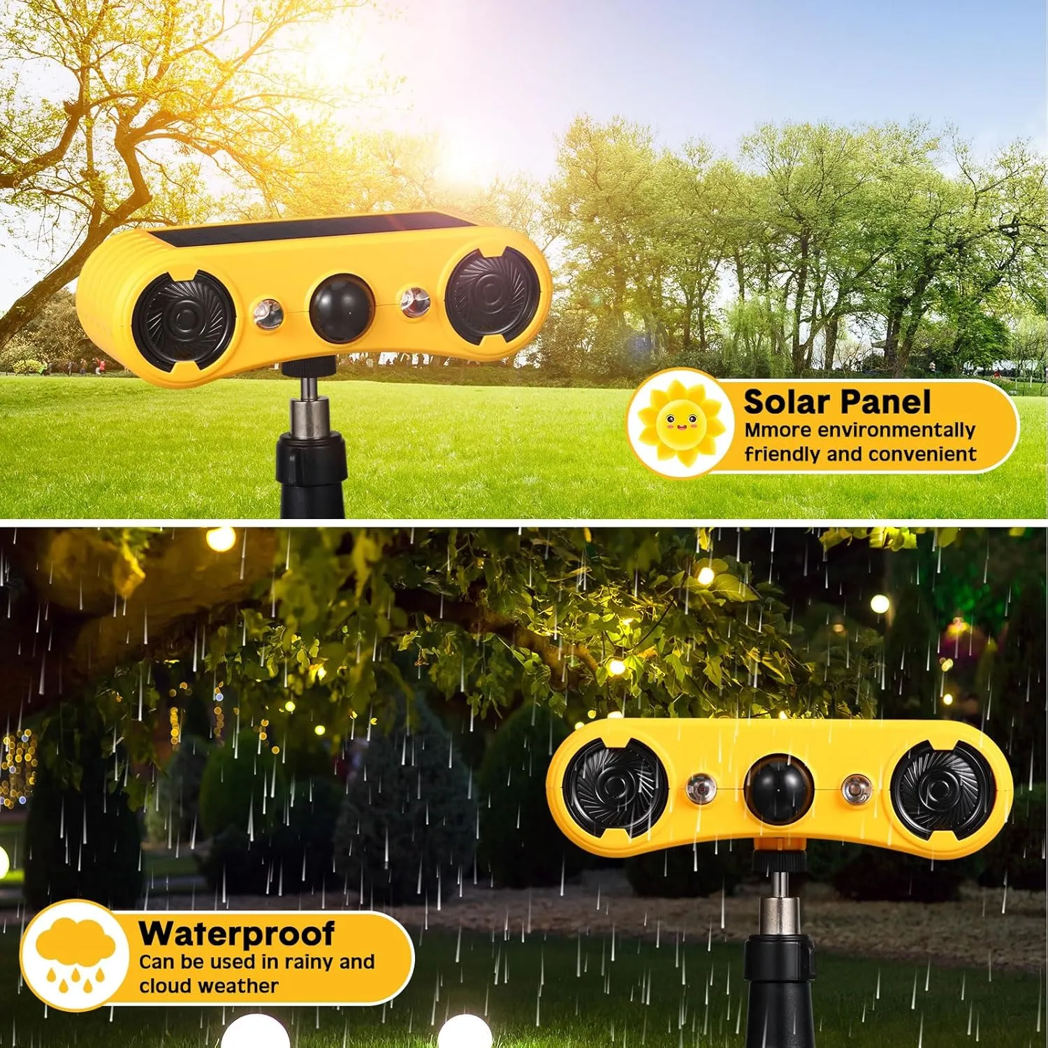 Qualirey Solar Outdoor Motion Sensor Alarm 2 x 129db Loud Noise Maker 13 Sound Detector Strobe Light, 4 Modes Animal Deterrent Dog Barking Alarm Mount on Ground or Fence for Garden Yard(2 Pack)