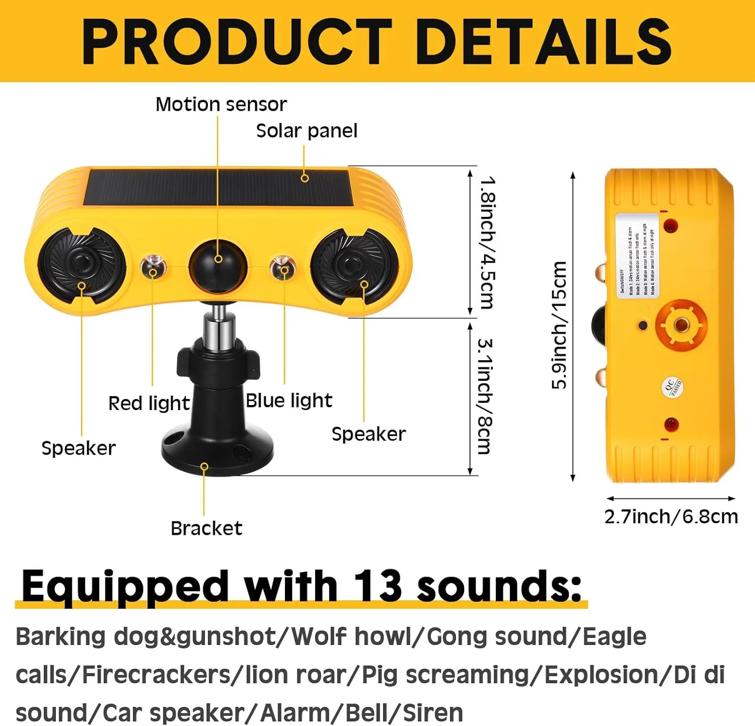 Qualirey Solar Outdoor Motion Sensor Alarm 2 x 129db Loud Noise Maker 13 Sound Detector Strobe Light, 4 Modes Animal Deterrent Dog Barking Alarm Mount on Ground or Fence for Garden Yard(2 Pack)