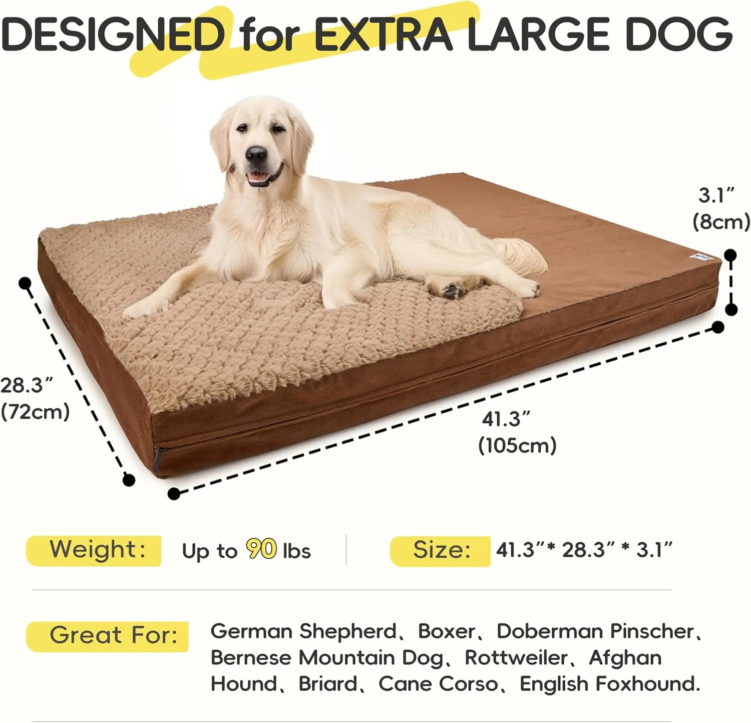 Reversible Waterproof Dog Bed for Crate, Extra Large, Washable Cover, Egg Crate Foam, Standard Size for Dogs Up to 90 lbs, Brown