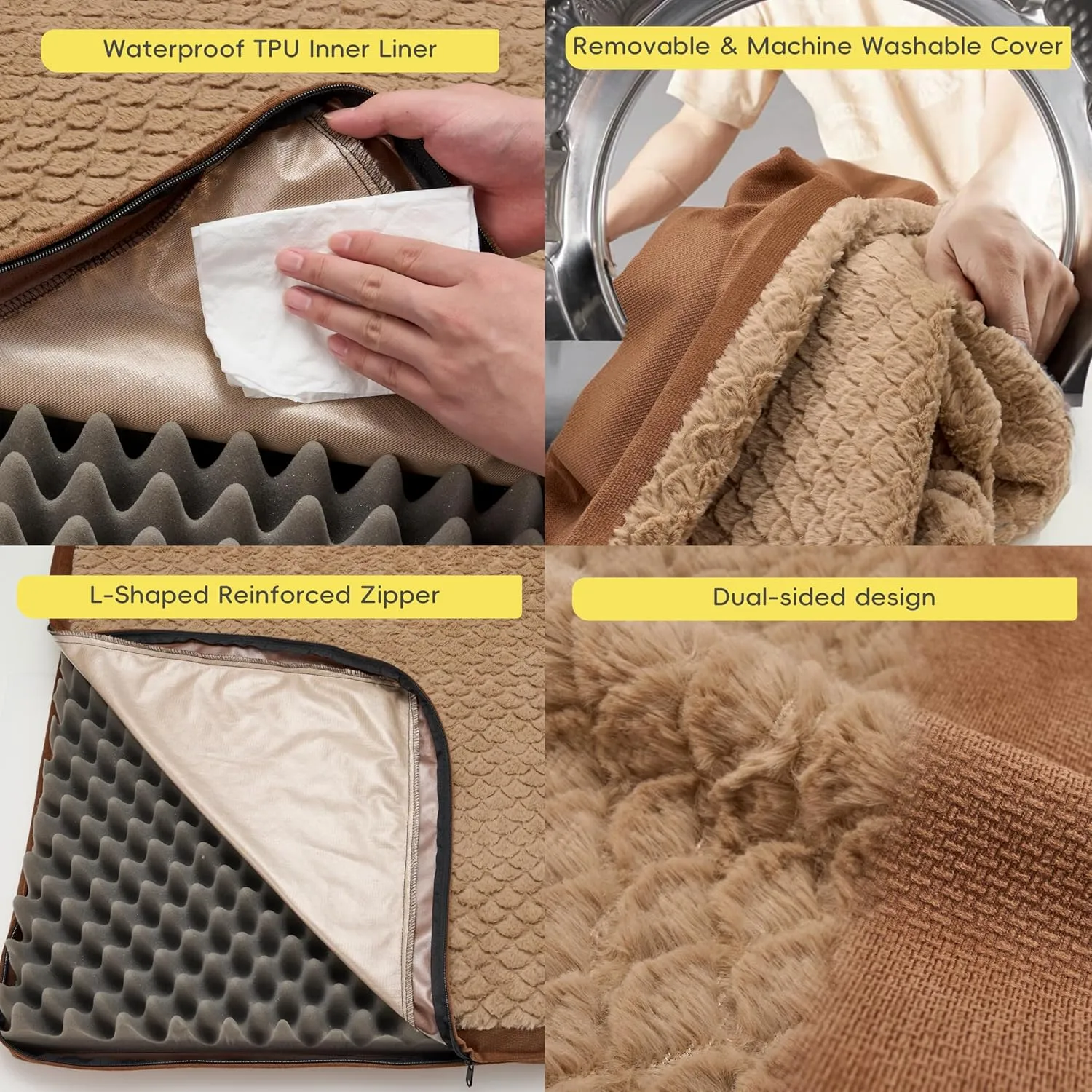 Reversible Waterproof Dog Bed for Crate, Extra Large, Washable Cover, Egg Crate Foam, Standard Size for Dogs Up to 90 lbs, Brown