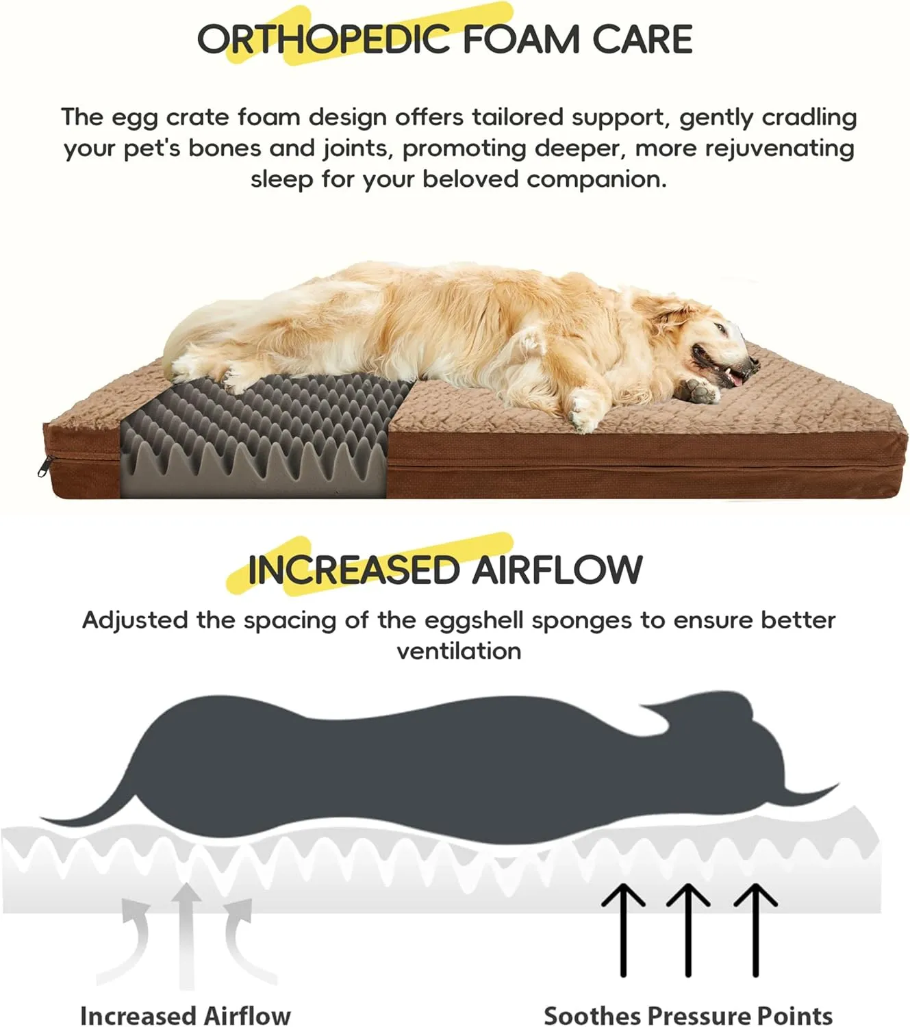 Reversible Waterproof Dog Bed for Crate, Extra Large, Washable Cover, Egg Crate Foam, Standard Size for Dogs Up to 90 lbs, Brown