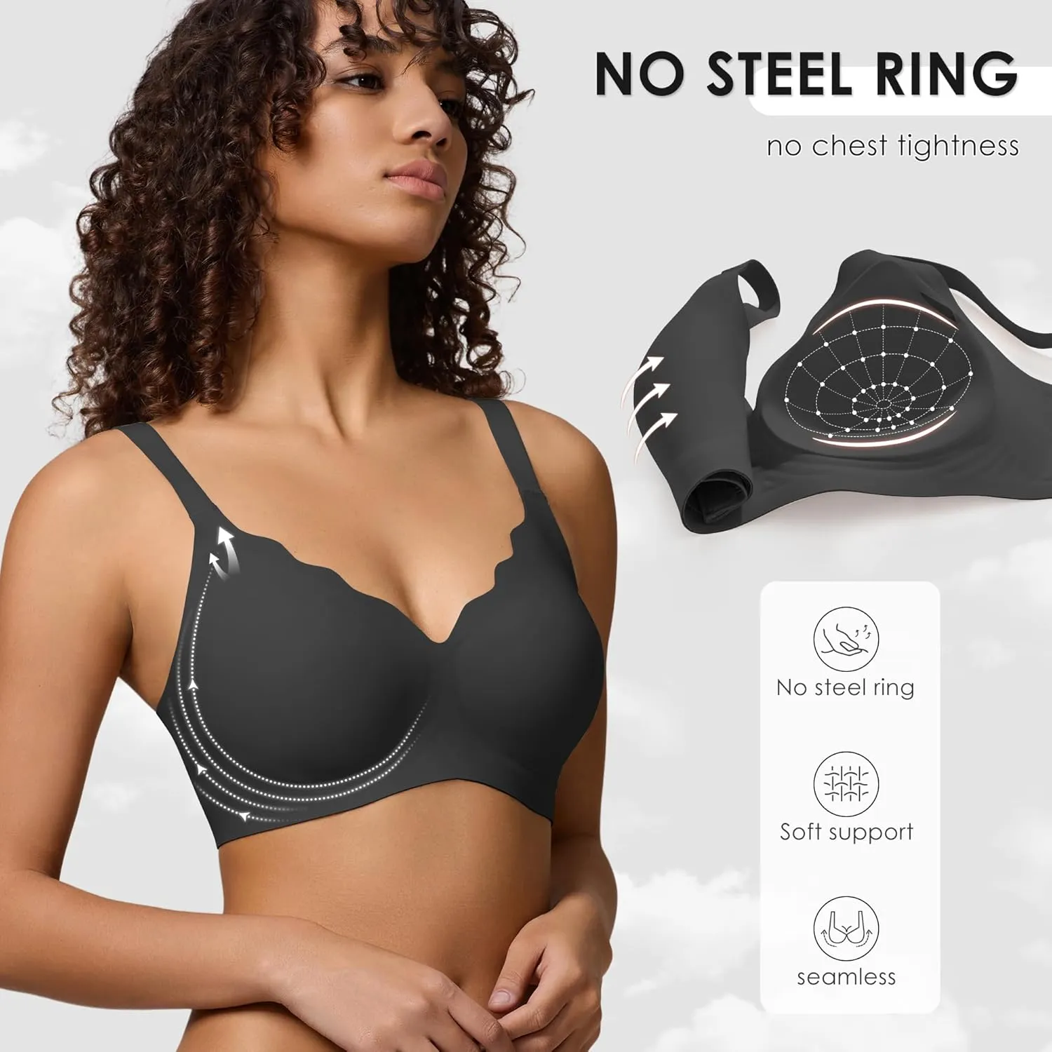 Seamless Wireless Bra for Women with Support - No Underwire Full Coverage Push Up Comfort Bras - Back Fat Smoothing Bralettes