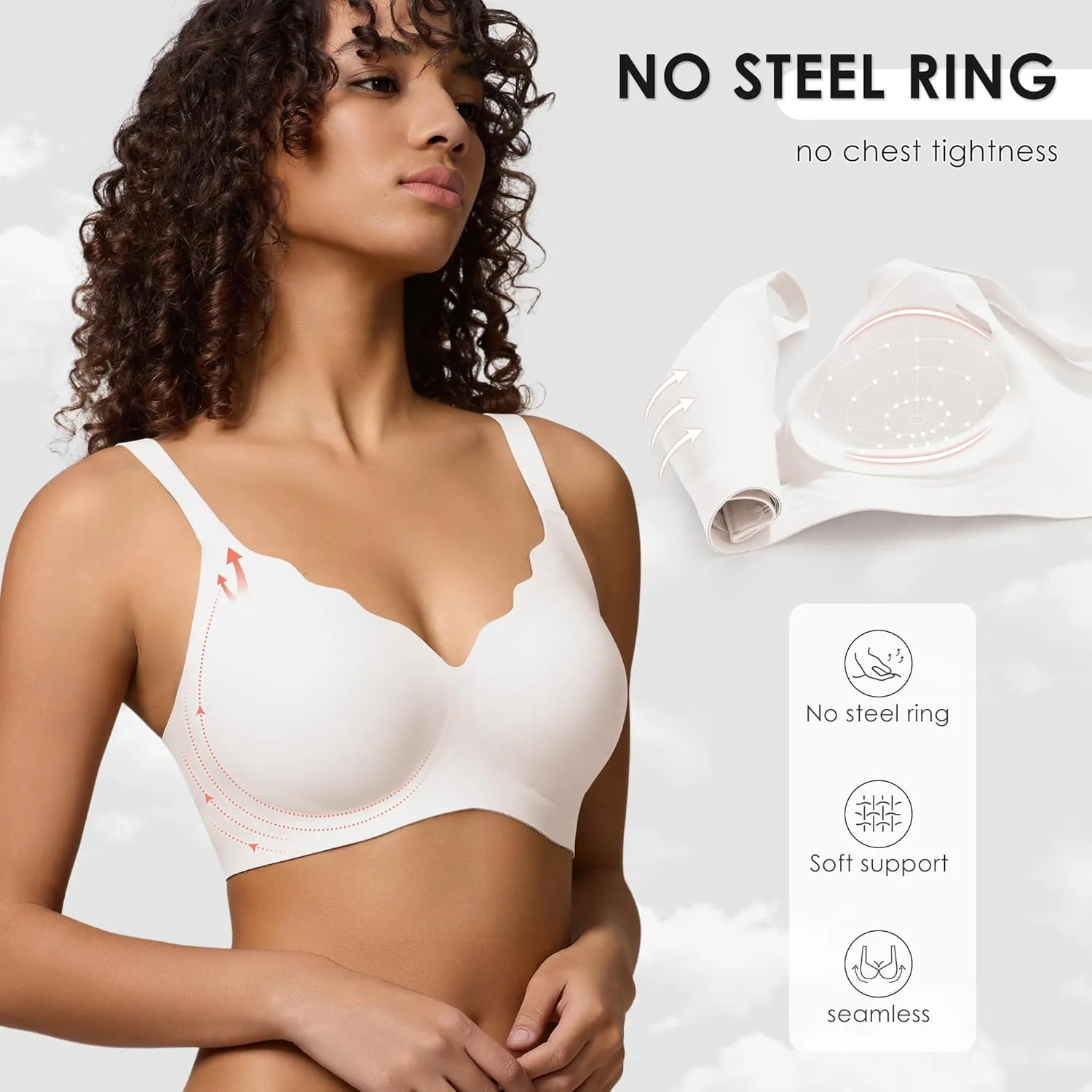 Seamless Wireless Bra for Women with Support - No Underwire Full Coverage Push Up Comfort Bras - Back Fat Smoothing Bralettes