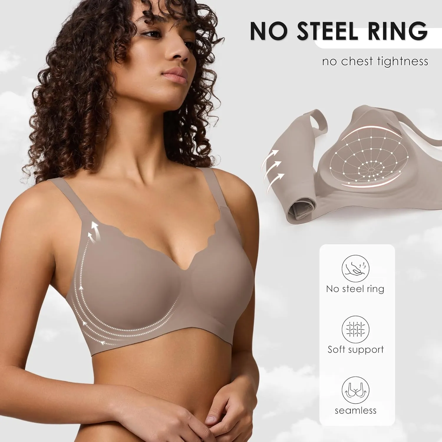 Seamless Wireless Bra for Women with Support - No Underwire Full Coverage Push Up Comfort Bras - Back Fat Smoothing Bralettes