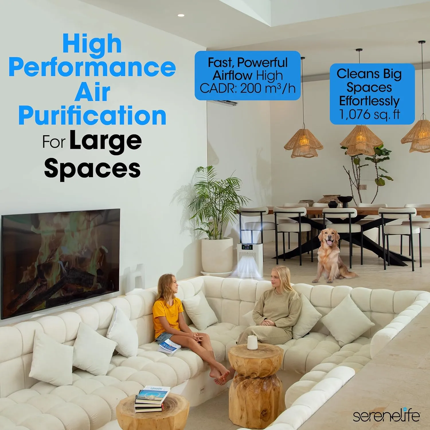 SereneLife HEPA Air Purifier for Home  Smart WiFi & App Control, Ultra-Quiet Air Purifier for Bedrooms & Large Rooms, Removes Dust, Pet Hair & Odors, Ideal for Pets & Allergies (1,800 Sq Ft, White)