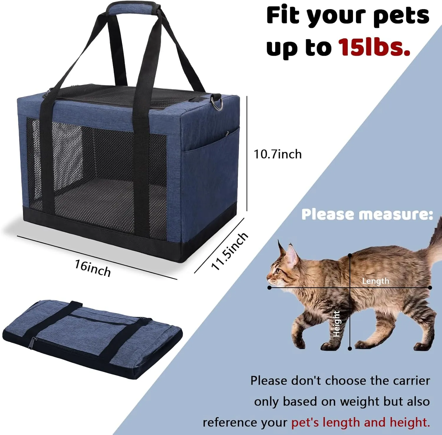 Soft Side Pet Carrier Bag with Shoulder Strap, Breathable Collapsible Mesh Cat Carrier for Cats and Dogs, TSA Airline Approved Travel Pet Carriers