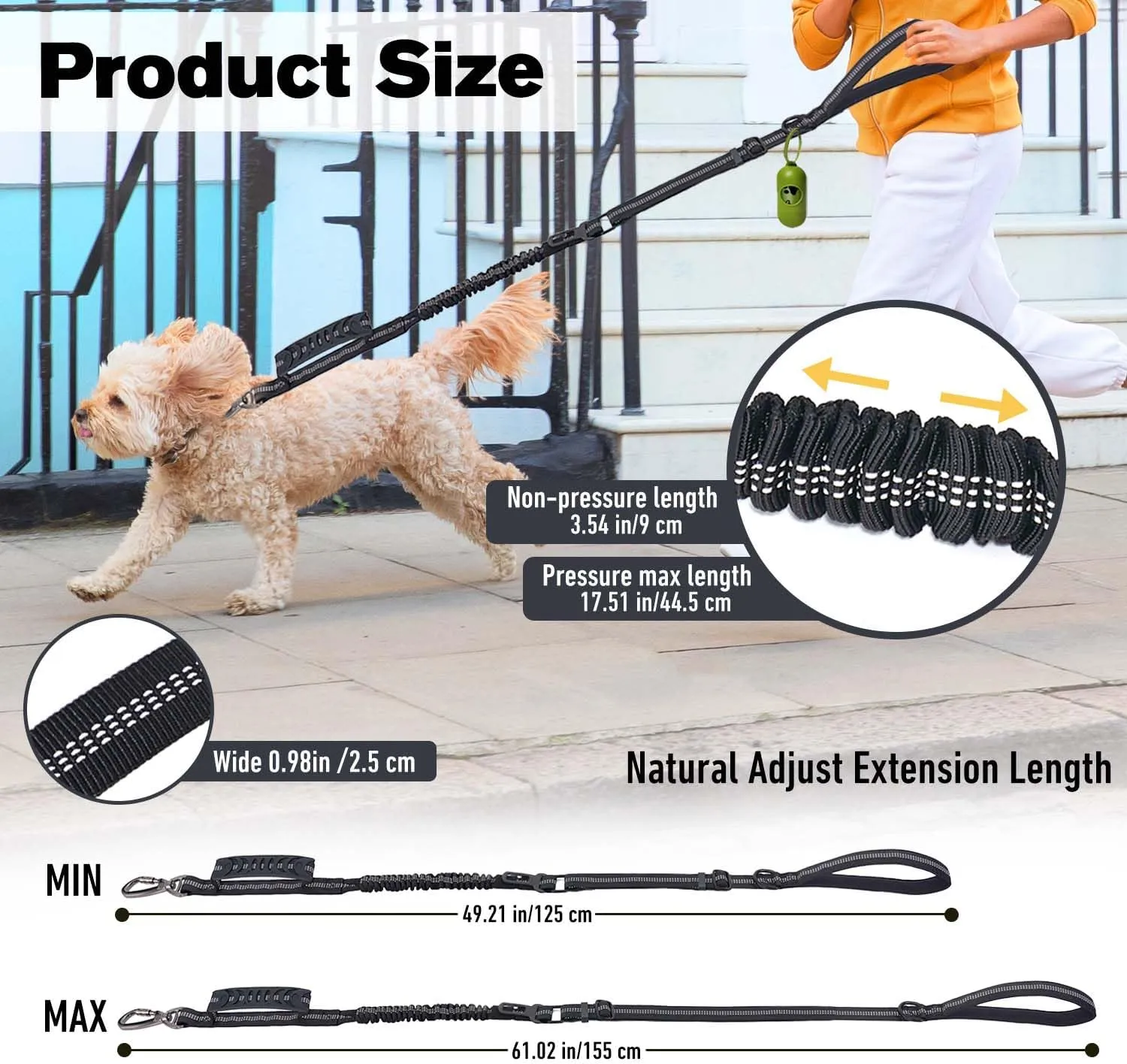 Tactical Dog Leash,Reflective Dog Training Leash,Adjustable Heavy Duty Dog Leash with 2 Control Padded Handle Strong No Pull Bungee Dog Leashes with Car Seat Belt for Medium Large Dogs (Pink)