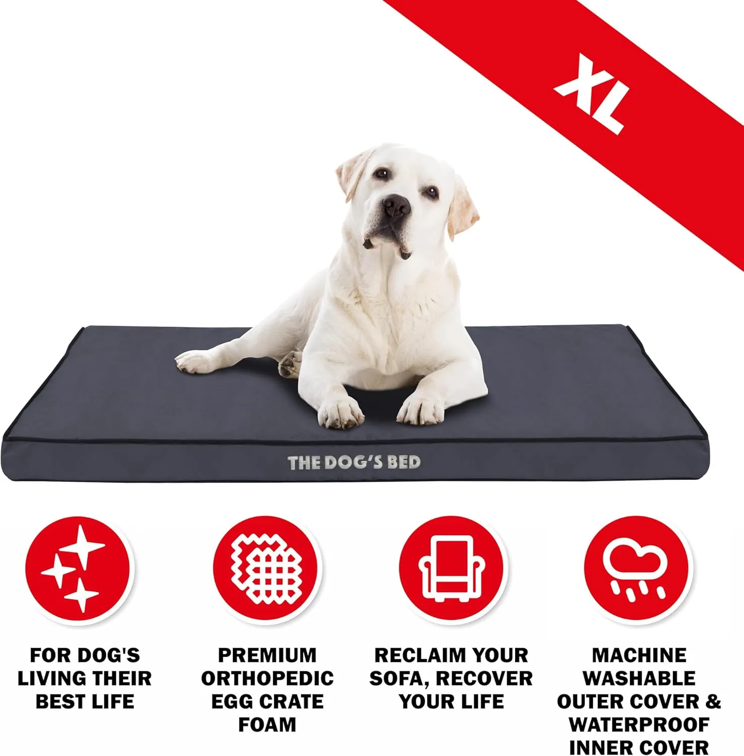 The Dogs Bed Orthopedic Standard Foam Dog Bed with Standard Support, XL Grey with Black Trim, Waterproof, Supportive Dog Bed with Replaceable Covers, Veterinary Approved