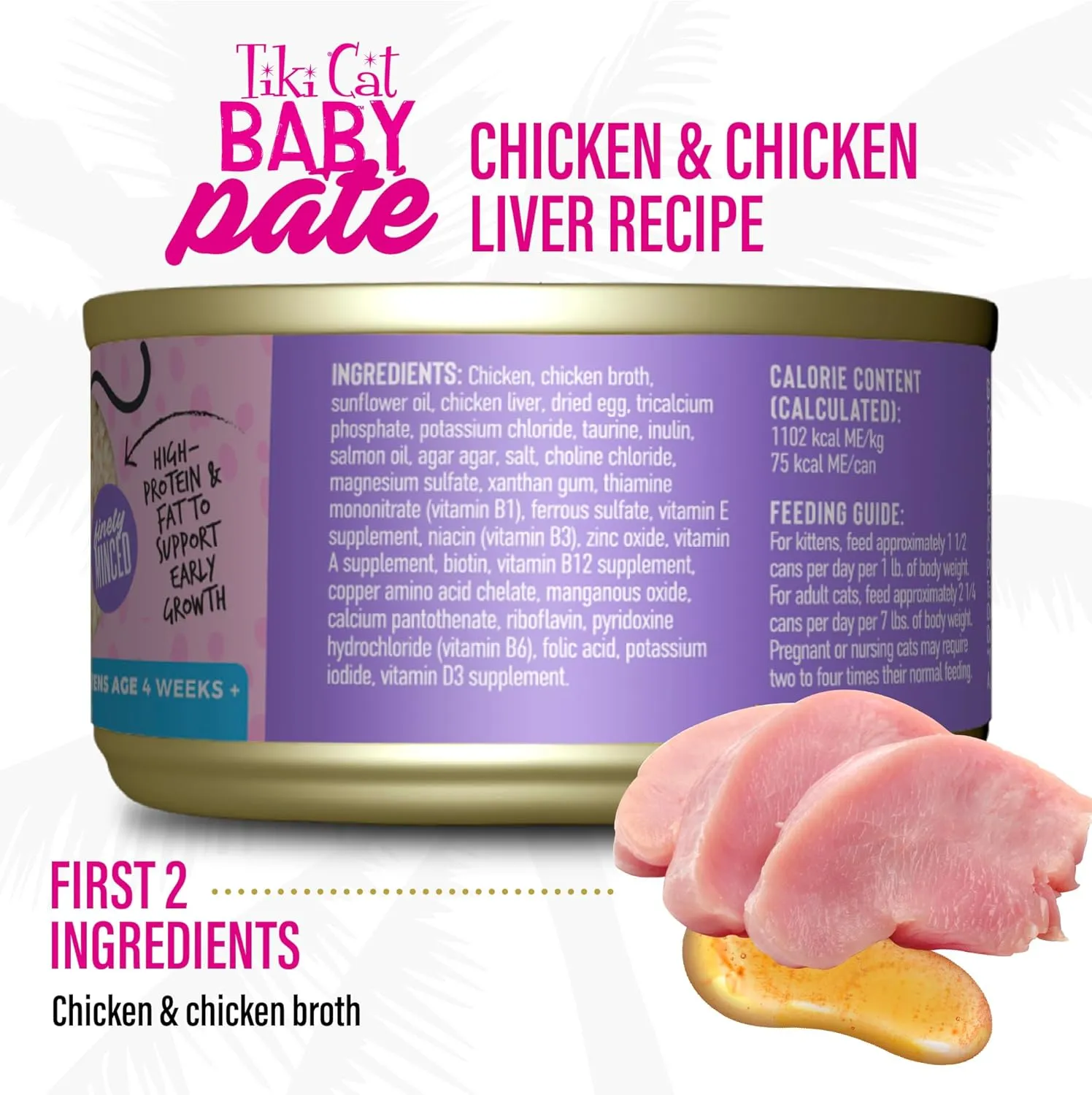 Tiki Cat Baby Pate Wet Cat Food for Kittens, Chicken & Chicken Liver, 2.4 oz. Can (12 Count)