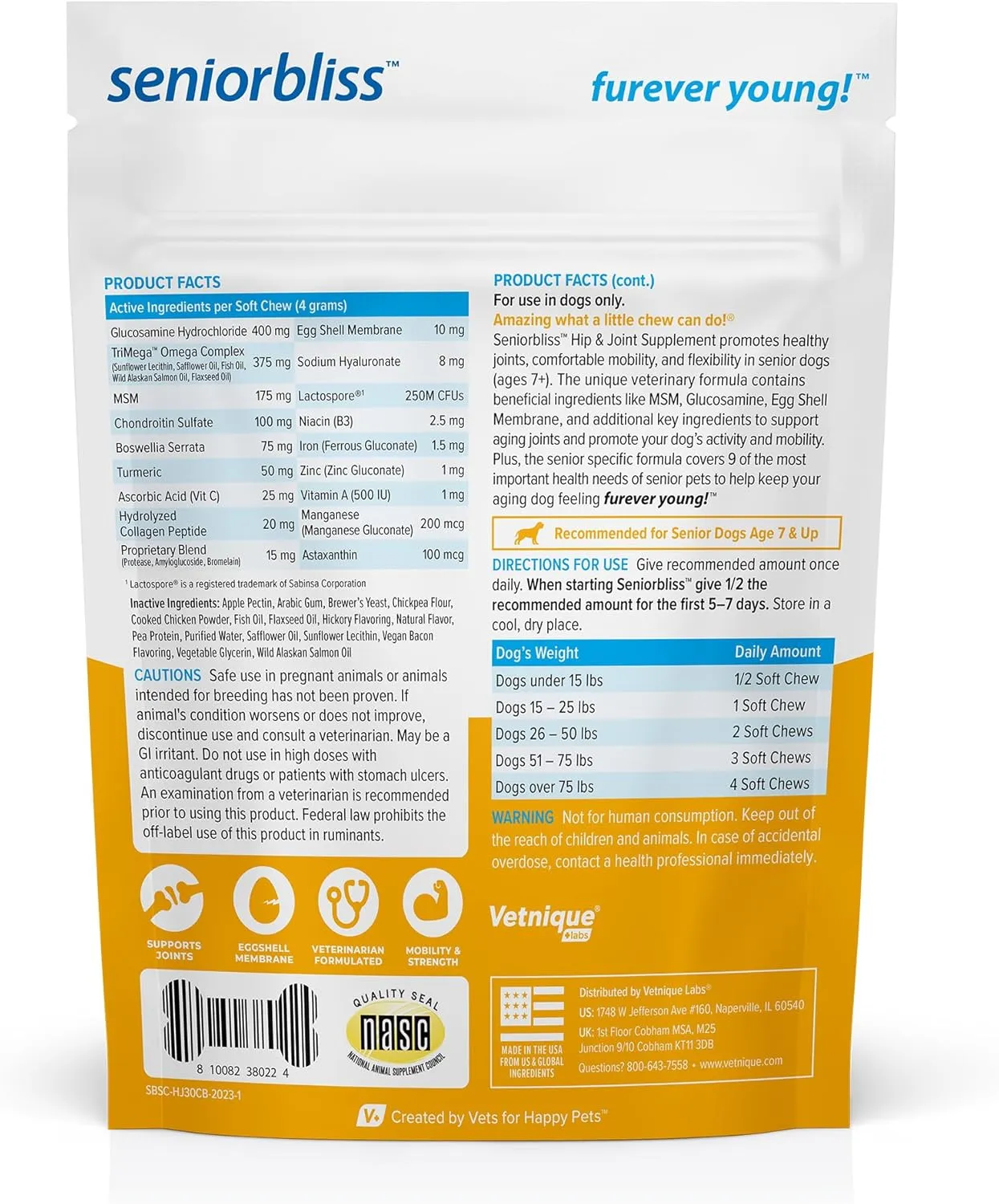 Vetnique Seniorbliss Senior Dog Joint Supplement with Glucosamine and Chondroitin for Dogs Joint Support and Healthy Cartilage Development - for Small & Large Breeds (Hip & Joint Chew, 30 Count)
