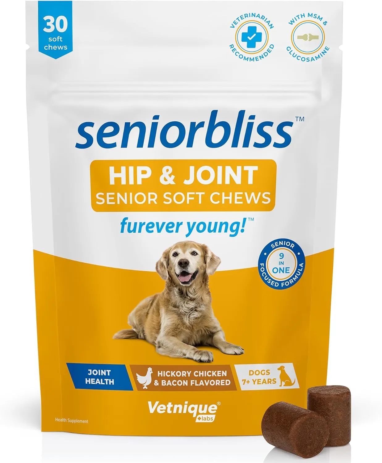 Vetnique Seniorbliss Senior Dog Joint Supplement with Glucosamine and Chondroitin for Dogs Joint Support and Healthy Cartilage Development - for Small & Large Breeds (Hip & Joint Chew, 30 Count)