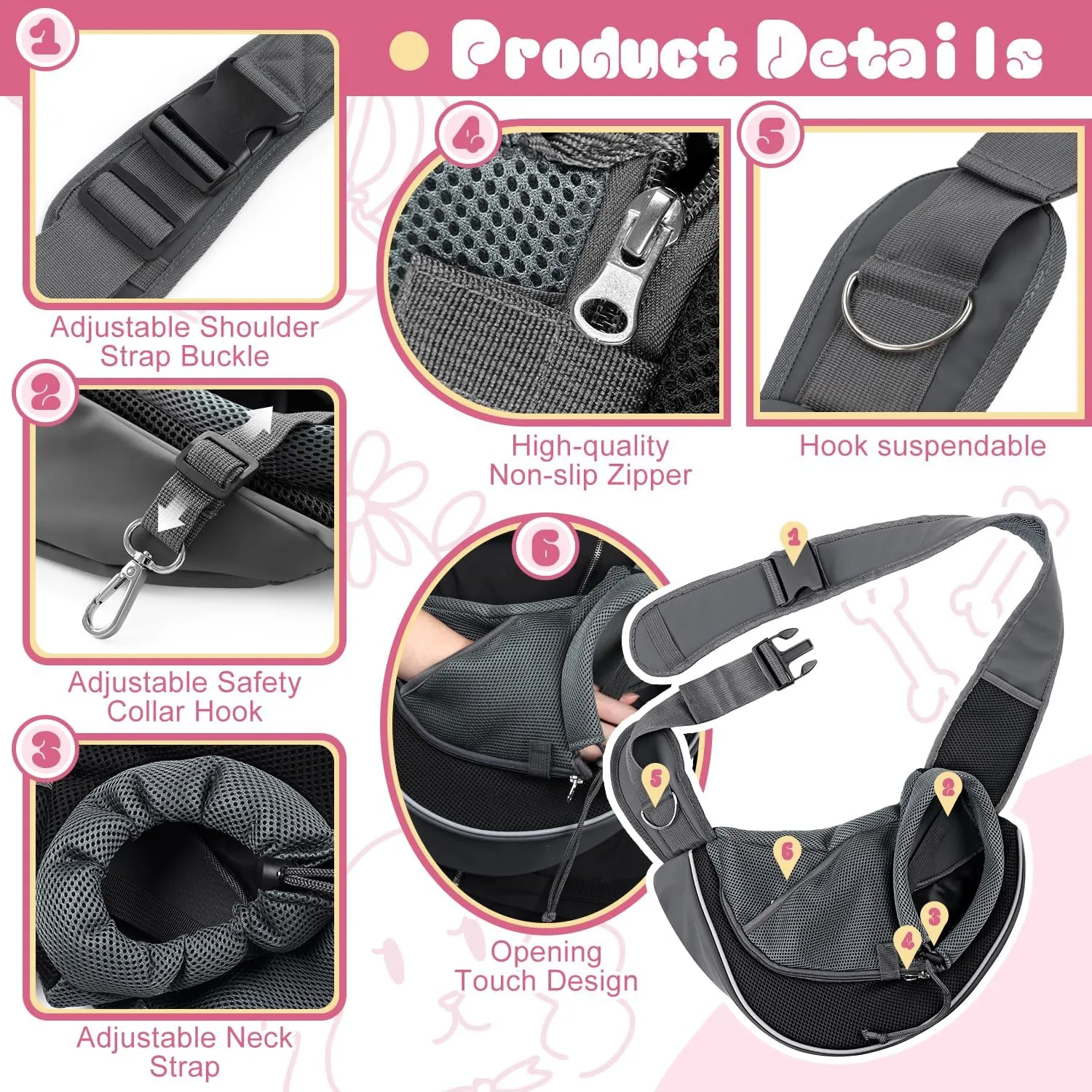 YUDODO Pet Dog Sling Carrier Mesh Hand Free Adjustable Dog Satchel Carrier Bag Papoose Crossbody for Small Animal Rabbit (S(up to 5 lbs), Black)