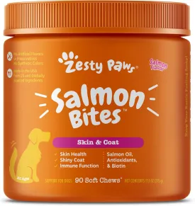 Zesty Paws Salmon Oil for Dogs Skin and Coat, Omega 3 Fish Oil Chews, Dog Allergy Relief Chews, Itch Relief Supplement, 90 Count, Salmon Flavor